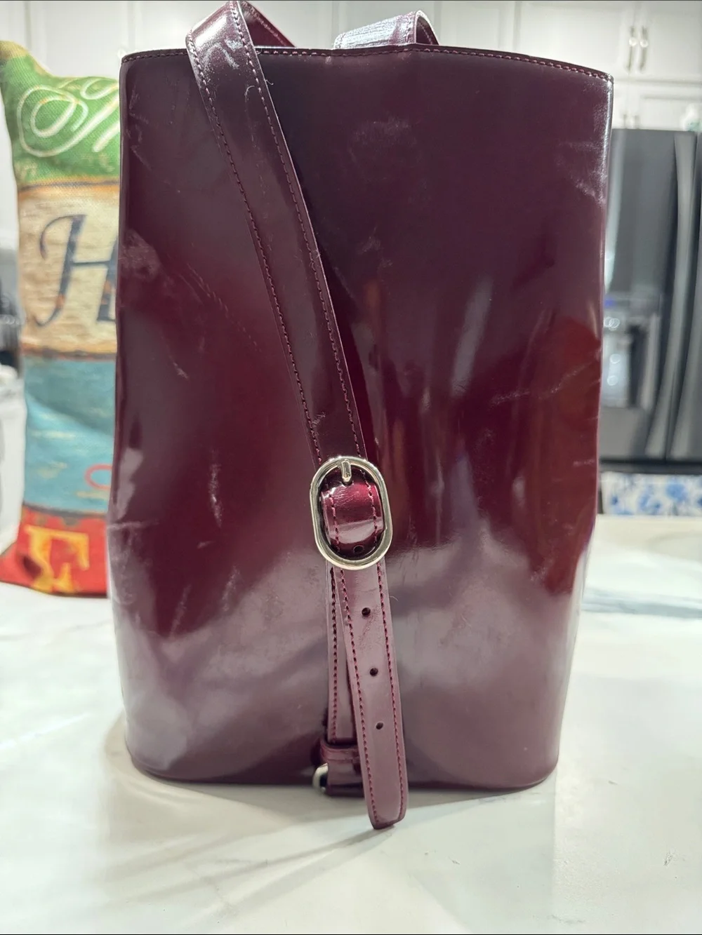 Cartier Panthere Glossy Wine Red Patent Tote with Silver C-Ring Accent